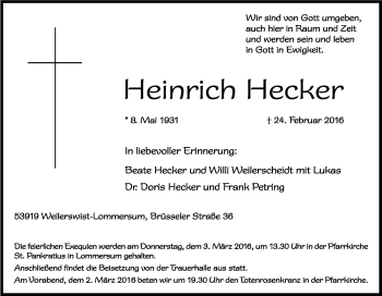 Anzeige von Heinrich Hecker von Kölner Stadt-Anzeiger / Kölnische Rundschau / Express