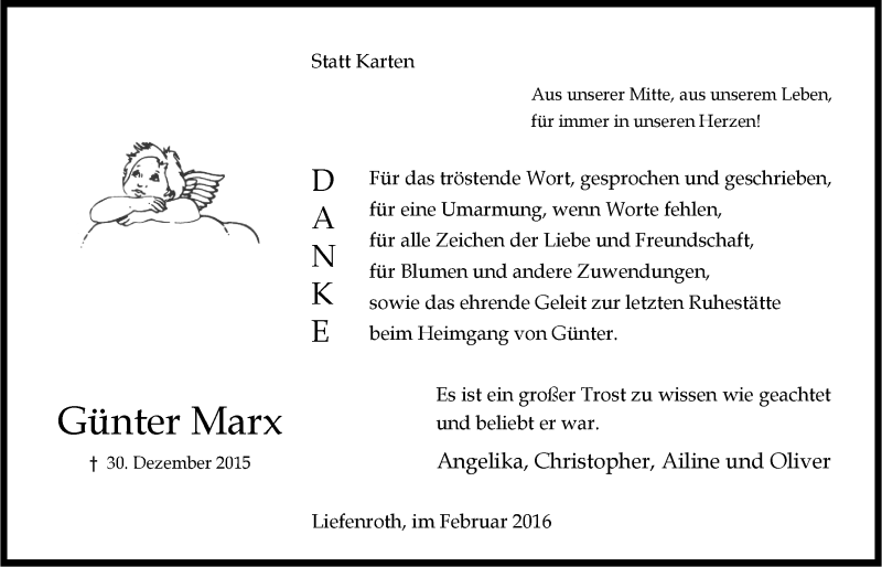  Traueranzeige für Günter Marx vom 10.02.2016 aus  Anzeigen Echo 