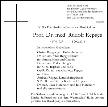 Anzeige von Rudolf Repges von Kölner Stadt-Anzeiger / Kölnische Rundschau / Express