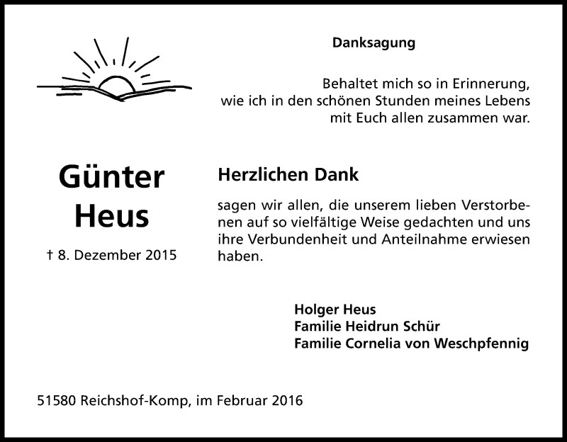  Traueranzeige für Günter Heus vom 06.02.2016 aus Kölner Stadt-Anzeiger / Kölnische Rundschau / Express