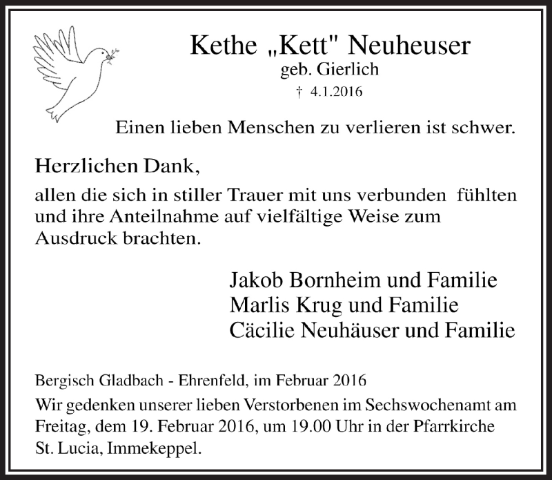  Traueranzeige für Kethe Neuheuser vom 10.02.2016 aus  Bergisches Handelsblatt 