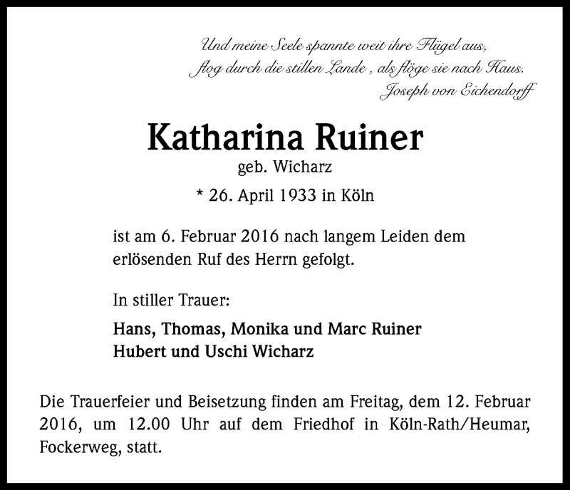  Traueranzeige für Katharina Ruiner vom 10.02.2016 aus Kölner Stadt-Anzeiger / Kölnische Rundschau / Express