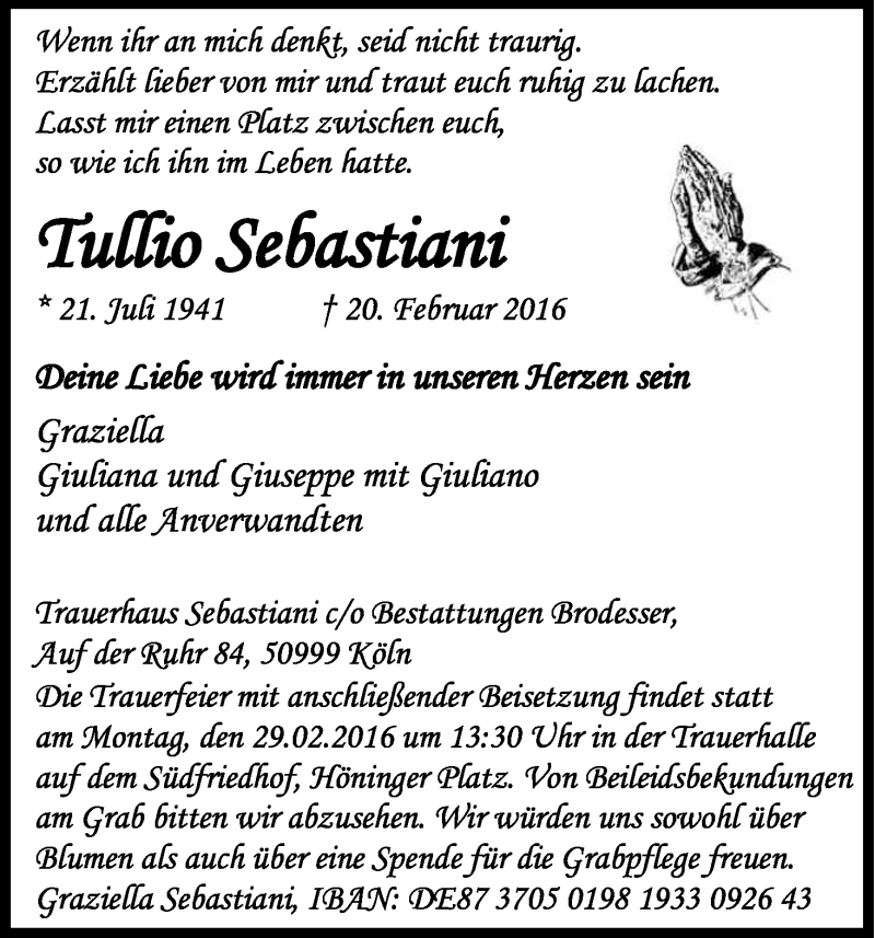  Traueranzeige für Tullio Seastiani vom 27.02.2016 aus Kölner Stadt-Anzeiger / Kölnische Rundschau / Express