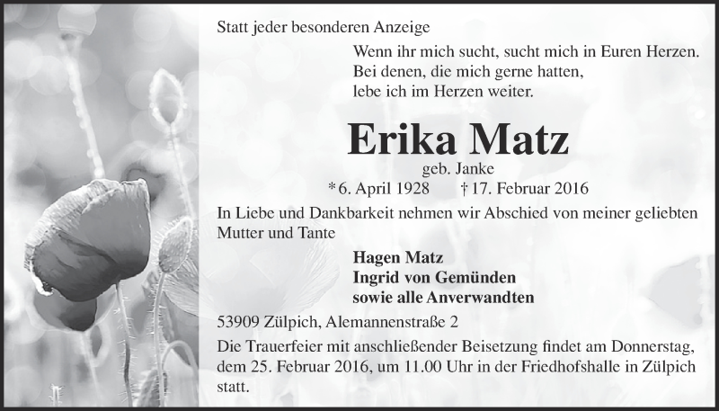 Traueranzeige für Erika Matz vom 21.02.2016 aus  Blickpunkt Euskirchen 