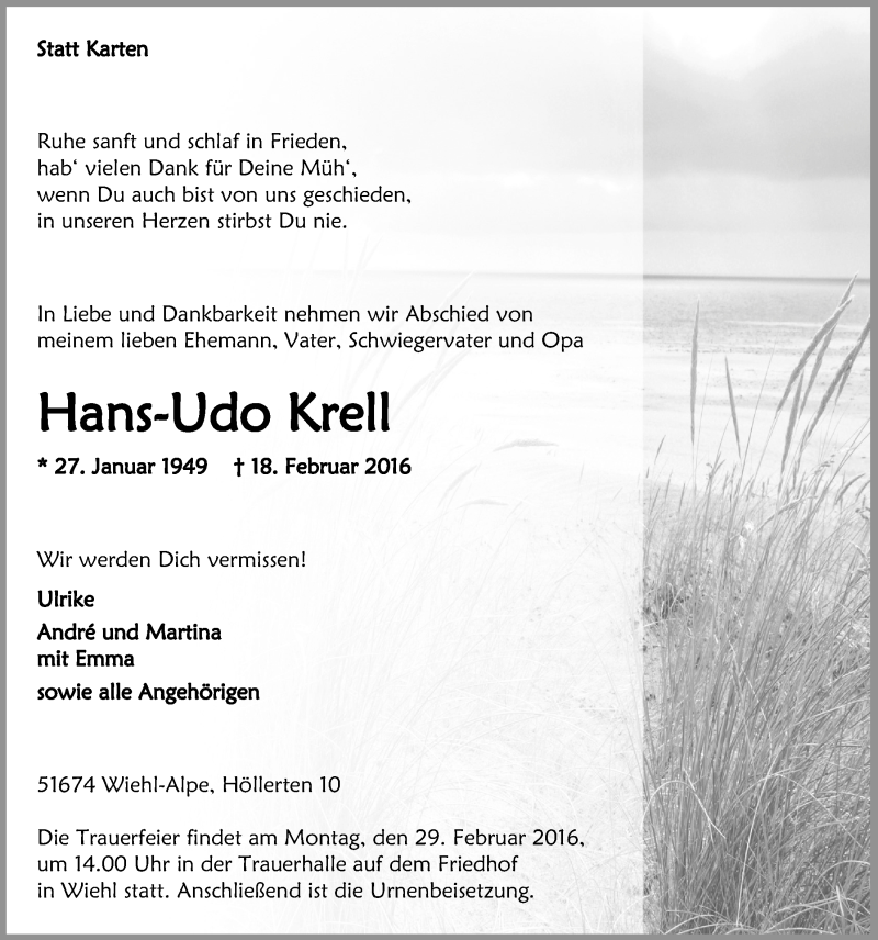  Traueranzeige für Hans-Udo Krell vom 24.02.2016 aus  Anzeigen Echo 