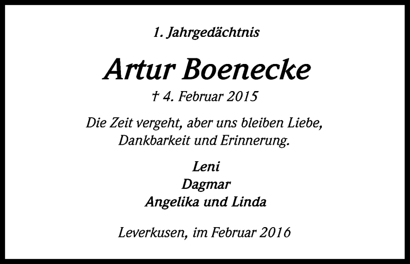  Traueranzeige für Artur Boenecke vom 04.02.2016 aus Kölner Stadt-Anzeiger / Kölnische Rundschau / Express