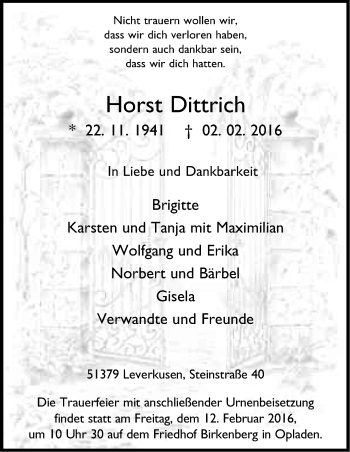 Anzeige von Horst Dittrich von Kölner Stadt-Anzeiger / Kölnische Rundschau / Express