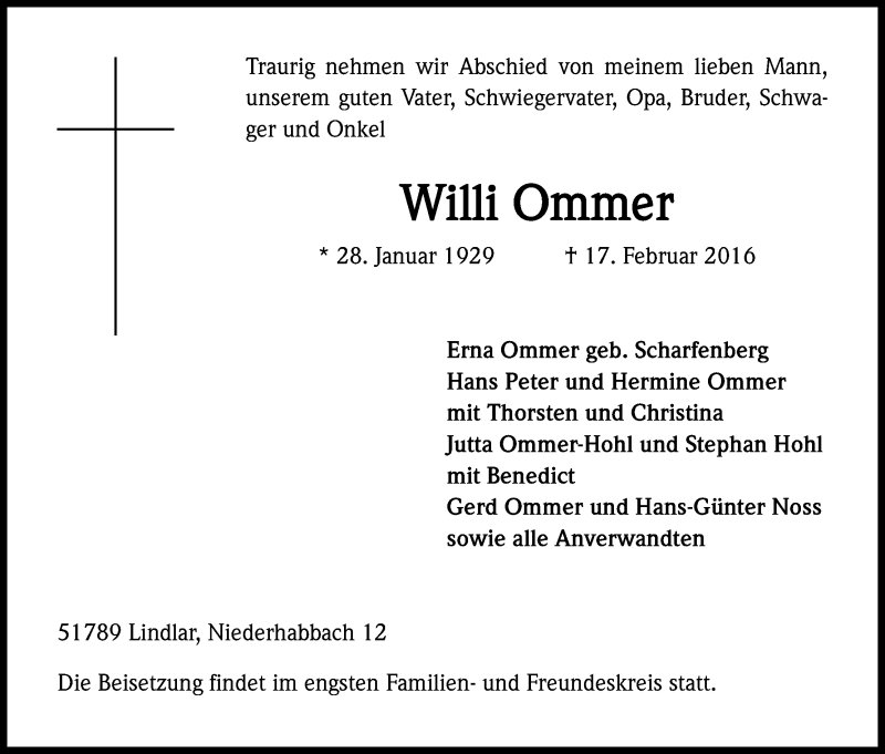  Traueranzeige für Willi Ommer vom 20.02.2016 aus Kölner Stadt-Anzeiger / Kölnische Rundschau / Express
