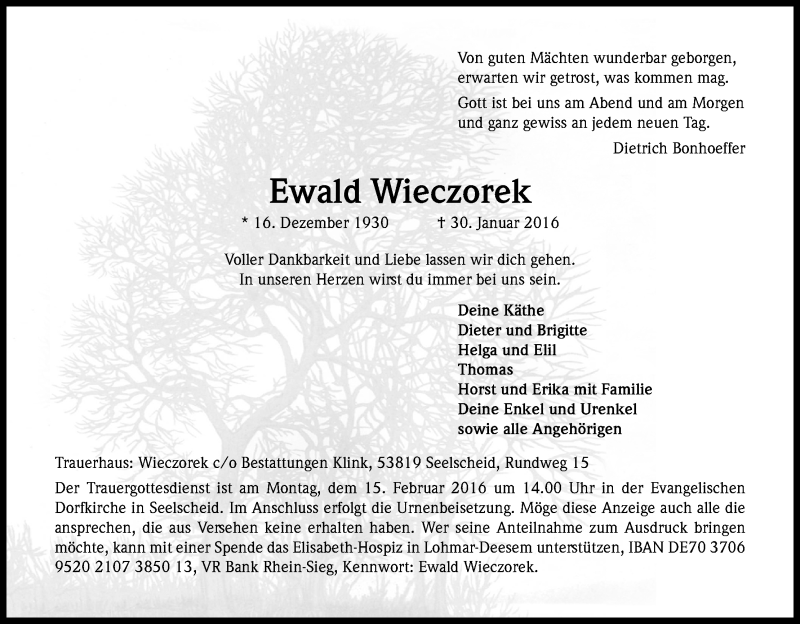  Traueranzeige für Ewald Wieczorek vom 06.02.2016 aus Kölner Stadt-Anzeiger / Kölnische Rundschau / Express