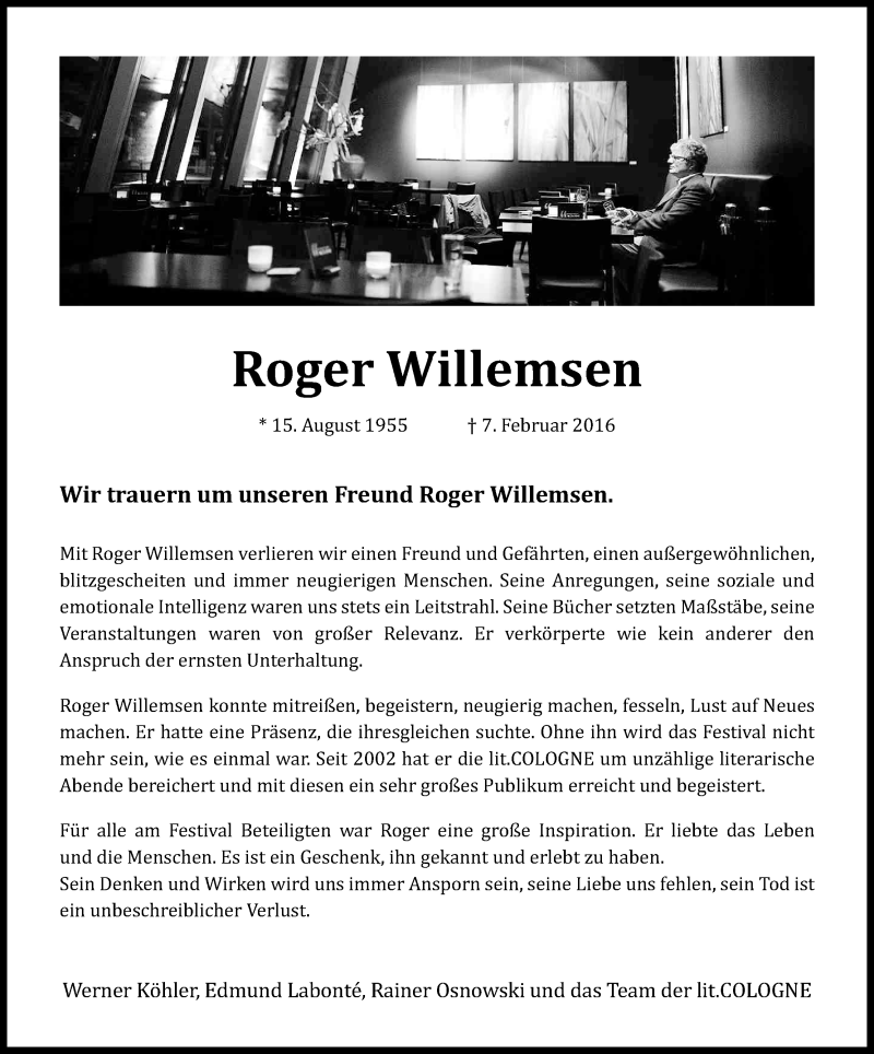  Traueranzeige für Roger Willemsen vom 13.02.2016 aus Kölner Stadt-Anzeiger / Kölnische Rundschau / Express