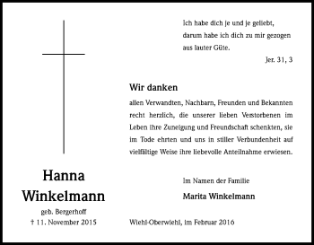 Anzeige von Hanna Winkelmann von Kölner Stadt-Anzeiger / Kölnische Rundschau / Express