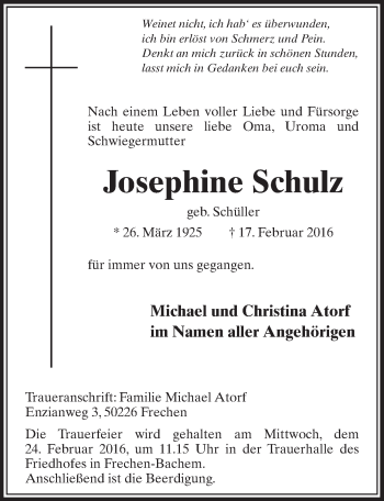 Anzeige von Josephine Schulz von  Sonntags-Post 