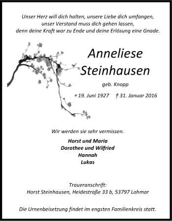 Anzeige von Anneliese Steinhausen von Kölner Stadt-Anzeiger / Kölnische Rundschau / Express