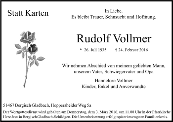 Anzeige von Rudolf Vollmer von Kölner Stadt-Anzeiger / Kölnische Rundschau / Express