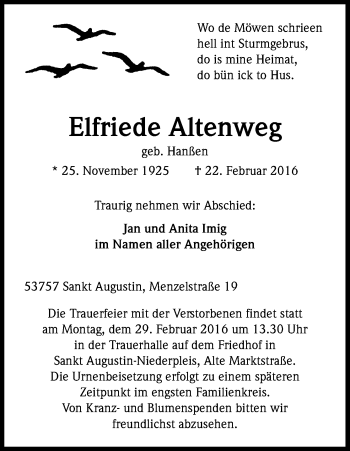 Anzeige von Elfriede Altenweg von Kölner Stadt-Anzeiger / Kölnische Rundschau / Express