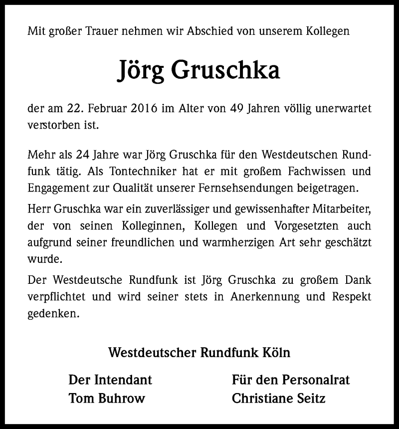  Traueranzeige für Jörg Gruschka vom 27.02.2016 aus Kölner Stadt-Anzeiger / Kölnische Rundschau / Express