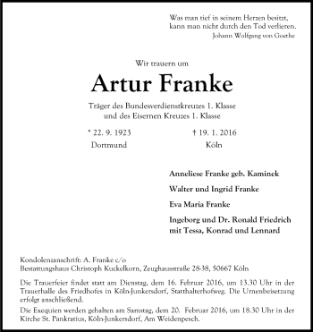 Anzeige von Artur Franke von Kölner Stadt-Anzeiger / Kölnische Rundschau / Express