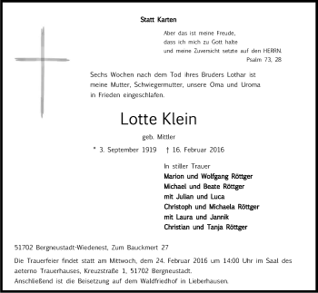 Anzeige von Lotte Klein von Kölner Stadt-Anzeiger / Kölnische Rundschau / Express