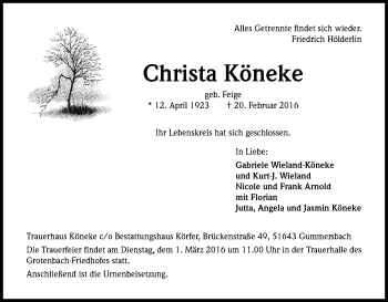 Anzeige von Christa Köneke von Kölner Stadt-Anzeiger / Kölnische Rundschau / Express