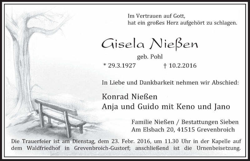  Traueranzeige für Gisela Nießen vom 17.02.2016 aus  Werbepost 