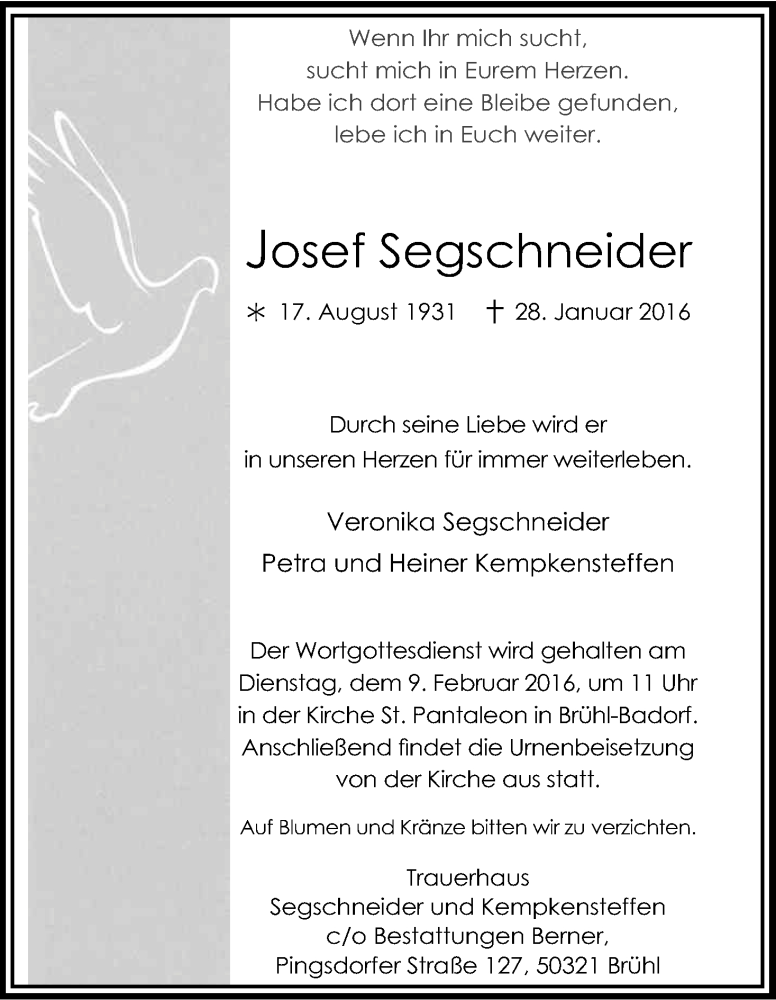 Traueranzeige für Josef Segschneider vom 03.02.2016 aus Kölner Stadt-Anzeiger / Kölnische Rundschau / Express