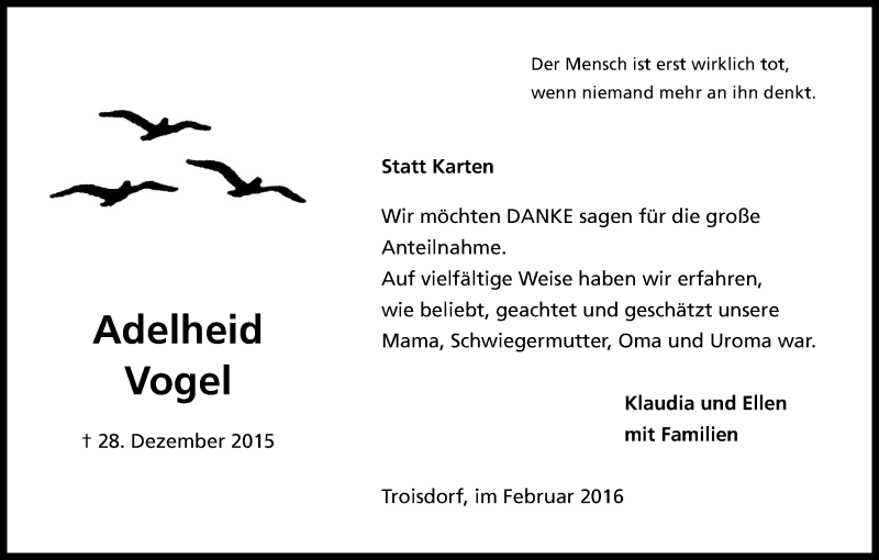  Traueranzeige für Adelheid Vogel vom 13.02.2016 aus Kölner Stadt-Anzeiger / Kölnische Rundschau / Express