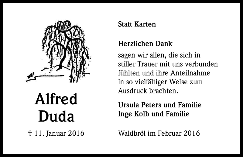  Traueranzeige für Alfred Duda vom 13.02.2016 aus Kölner Stadt-Anzeiger / Kölnische Rundschau / Express