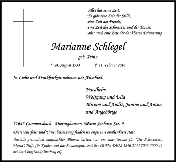 Anzeige von Marianne Schlegel von Kölner Stadt-Anzeiger / Kölnische Rundschau / Express