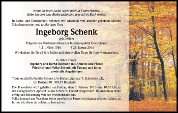 Anzeige von Ingeborg Schenk von Kölner Stadt-Anzeiger / Kölnische Rundschau / Express