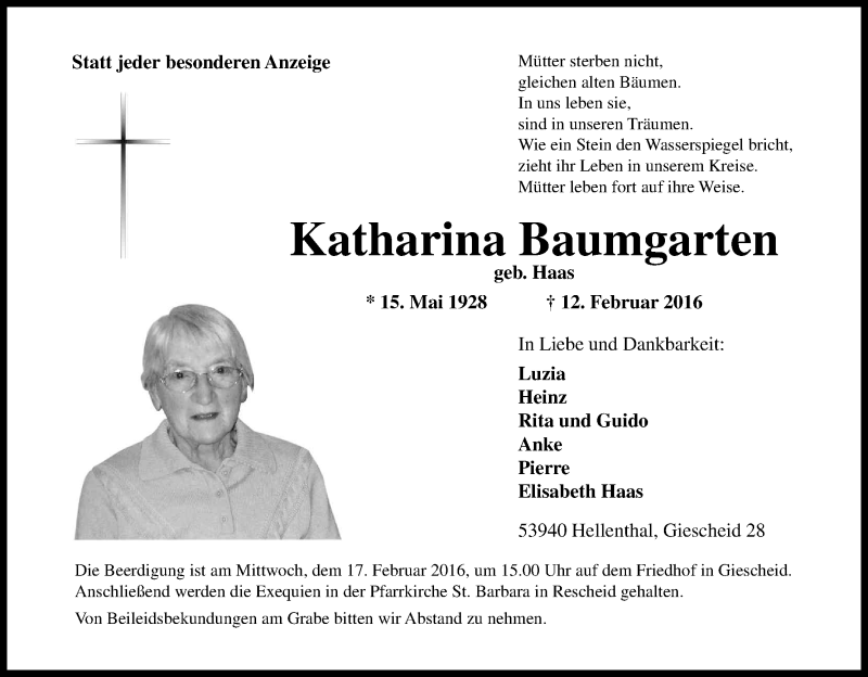 Traueranzeige für Katharina Baumgarten vom 15.02.2016 aus Kölner Stadt-Anzeiger / Kölnische Rundschau / Express