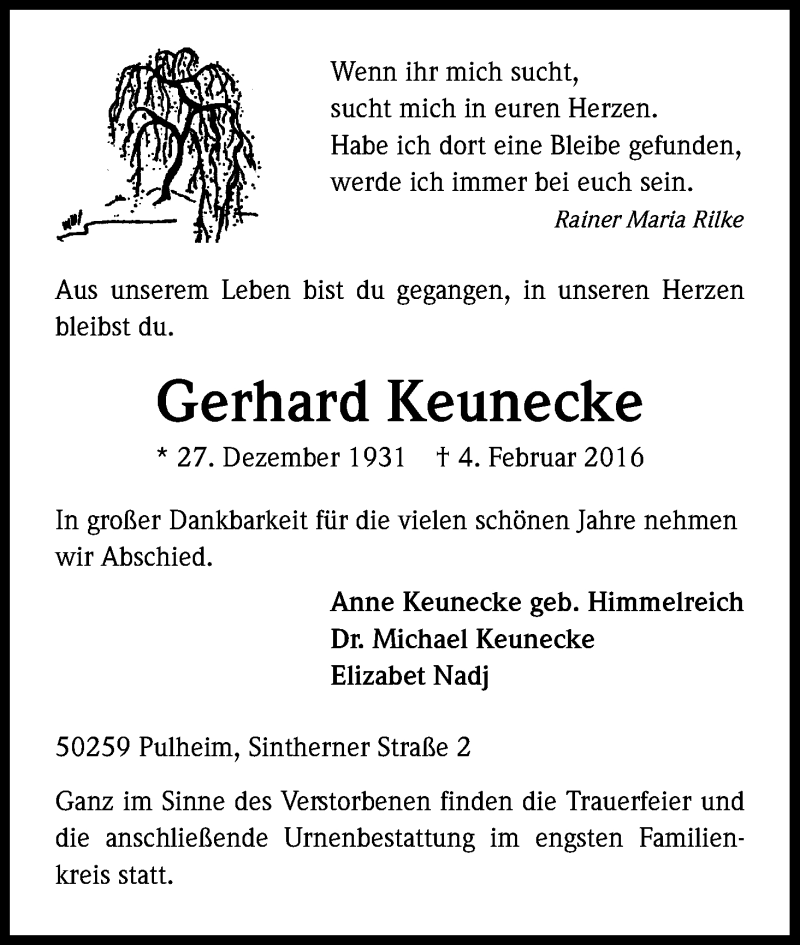  Traueranzeige für Gerhard Keunecke vom 20.02.2016 aus Kölner Stadt-Anzeiger / Kölnische Rundschau / Express