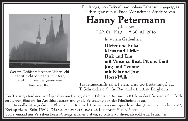  Traueranzeige für Hanny Petermann vom 03.02.2016 aus  Werbepost 