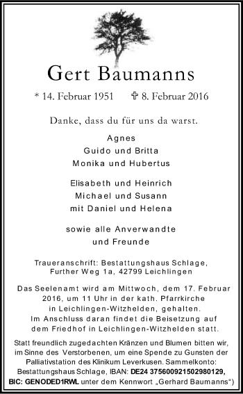Anzeige von Gert Baumanns von Kölner Stadt-Anzeiger / Kölnische Rundschau / Express