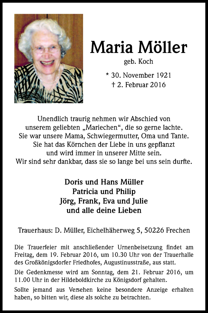  Traueranzeige für Maria Möller vom 13.02.2016 aus Kölner Stadt-Anzeiger / Kölnische Rundschau / Express