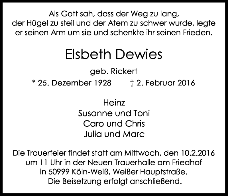  Traueranzeige für Elsbeth Dewies vom 06.02.2016 aus Kölner Stadt-Anzeiger / Kölnische Rundschau / Express
