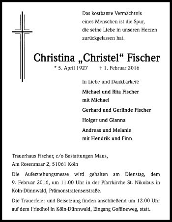 Anzeige von Christina Fischer von Kölner Stadt-Anzeiger / Kölnische Rundschau / Express