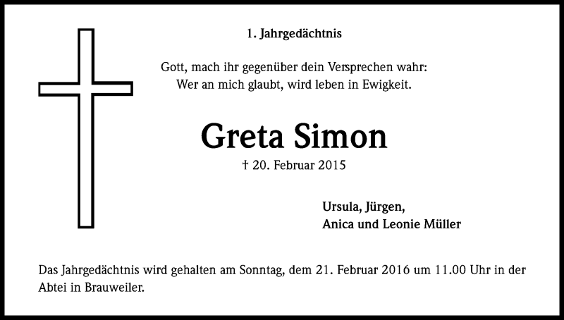  Traueranzeige für Greta Simon vom 20.02.2016 aus Kölner Stadt-Anzeiger / Kölnische Rundschau / Express