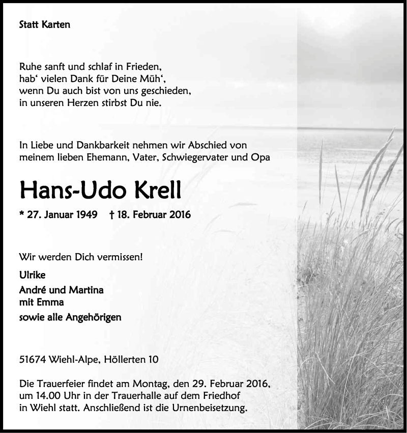  Traueranzeige für Hans-Udo Krell vom 24.02.2016 aus Kölner Stadt-Anzeiger / Kölnische Rundschau / Express