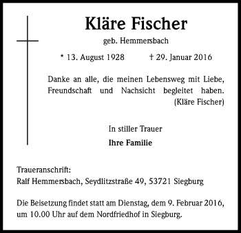 Anzeige von Kläre Fischer von Kölner Stadt-Anzeiger / Kölnische Rundschau / Express