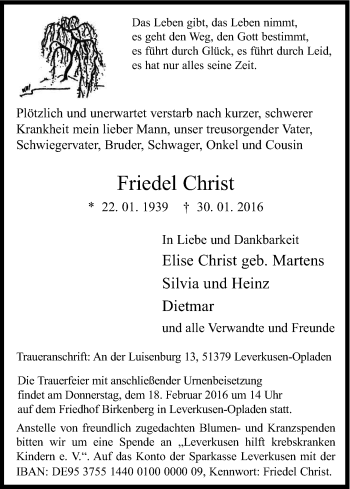 Anzeige von Friedel Christ von Kölner Stadt-Anzeiger / Kölnische Rundschau / Express