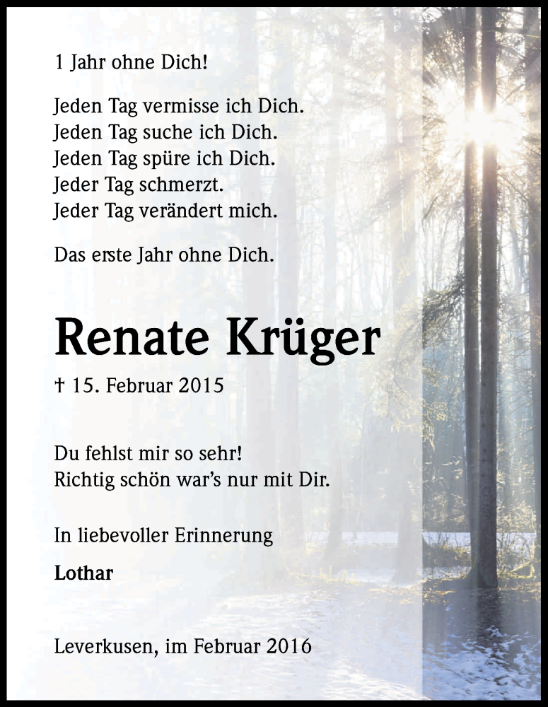  Traueranzeige für Renate Krüger vom 13.02.2016 aus Kölner Stadt-Anzeiger / Kölnische Rundschau / Express