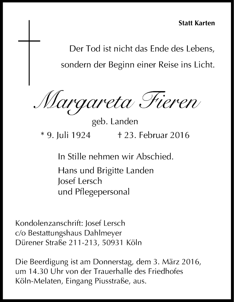  Traueranzeige für Margareta Fieren vom 27.02.2016 aus Kölner Stadt-Anzeiger / Kölnische Rundschau / Express