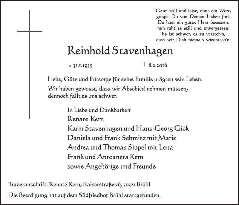  Traueranzeige für Reinhold Stavenhagen vom 17.02.2016 aus  Schlossbote/Werbekurier 