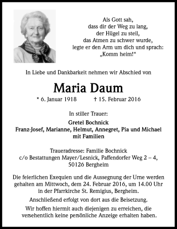 Anzeige von Maria Daum von Kölner Stadt-Anzeiger / Kölnische Rundschau / Express
