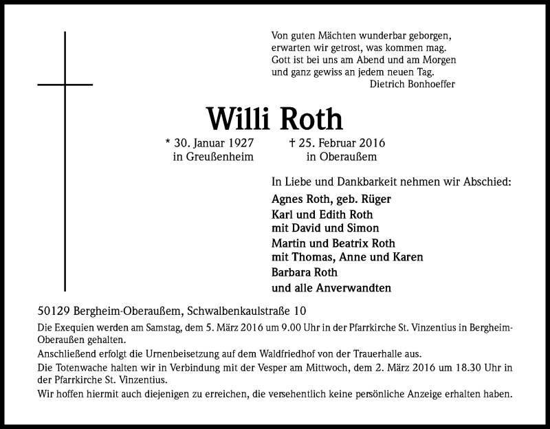  Traueranzeige für Willi Roth vom 01.03.2016 aus Kölner Stadt-Anzeiger / Kölnische Rundschau / Express