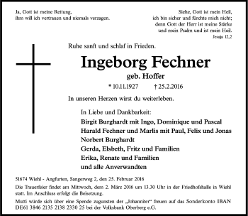 Anzeige von Ingeborg Fechner von Kölner Stadt-Anzeiger / Kölnische Rundschau / Express