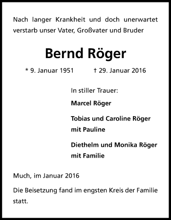 Anzeige von Bernd Röger von Kölner Stadt-Anzeiger / Kölnische Rundschau / Express