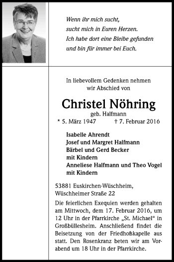 Anzeige von Christel Nöhring von Kölner Stadt-Anzeiger / Kölnische Rundschau / Express