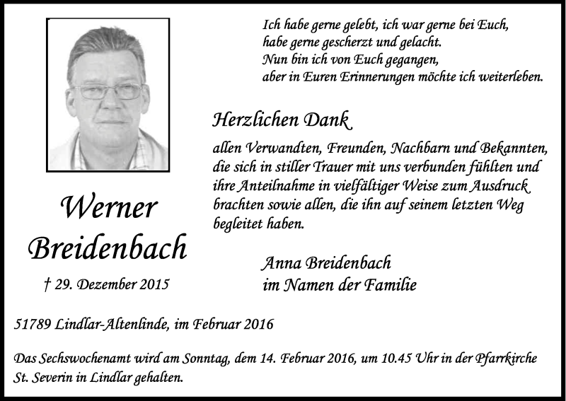 Traueranzeige für Werner Breidenbach vom 06.02.2016 aus Kölner Stadt-Anzeiger / Kölnische Rundschau / Express