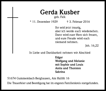 Anzeige von Gerda Kusber von Kölner Stadt-Anzeiger / Kölnische Rundschau / Express
